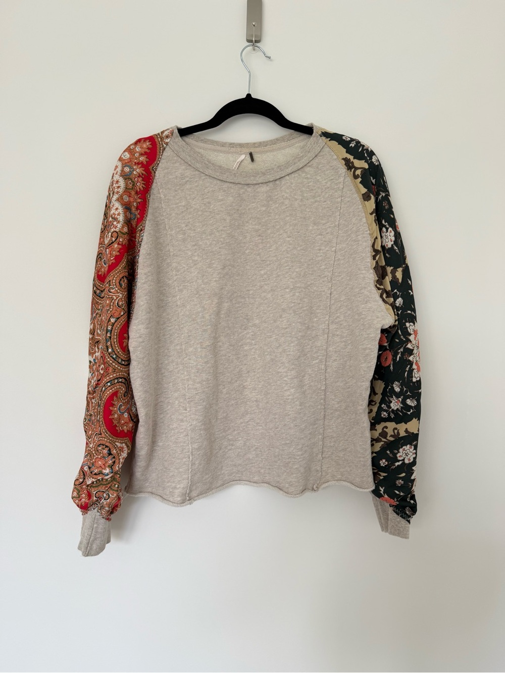 Free People Neutral Raglan Sweatshirt with Red Paisley and Black Floral Sleeves